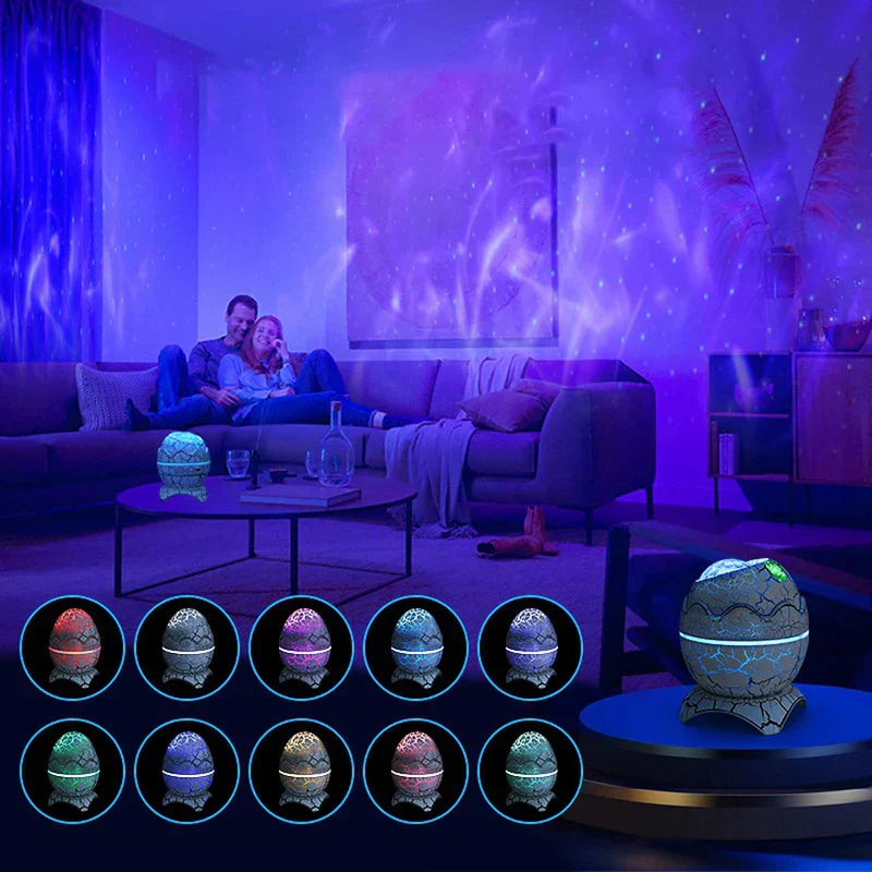 Star Projector Night Light - Cracked egg-shaped light projecting starry patterns on room walls and ceiling, 10 color variant circles shown below