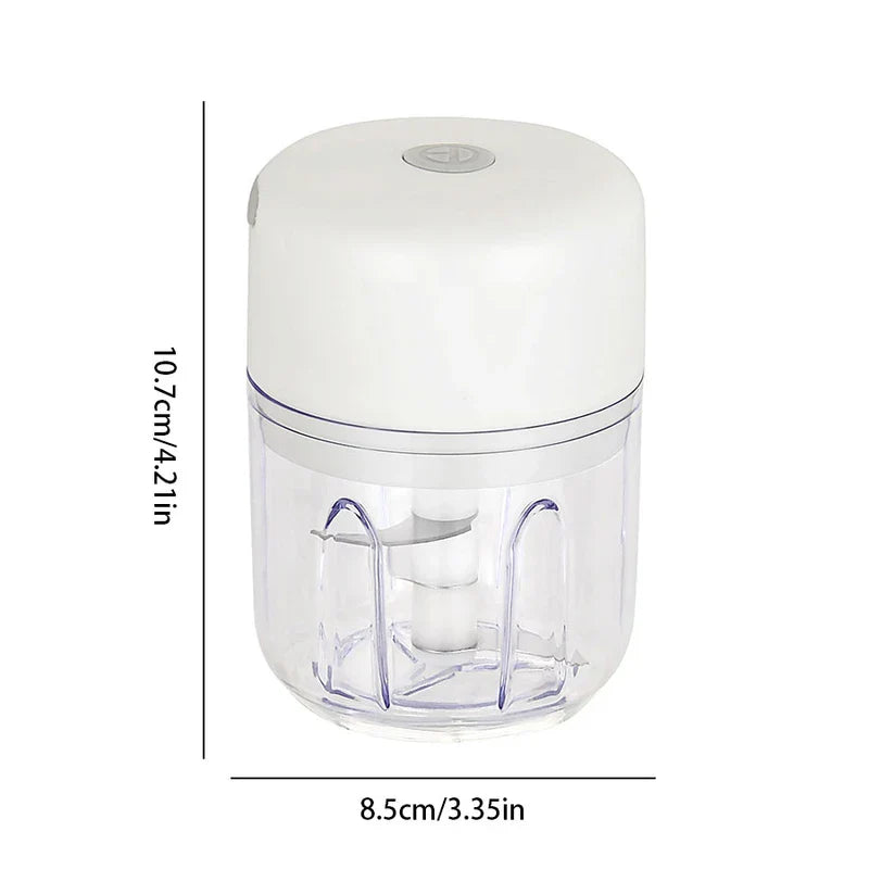 White small electric kitchen chopper with transparent cup shown with size dimensions on a white background.