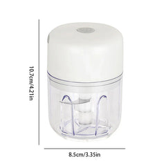 White small electric kitchen chopper with transparent cup shown with size dimensions on a white background.