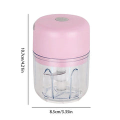 Pink electric mini food chopper with transparent cup, height 10.7cm, width 8.5cm, shown against white background