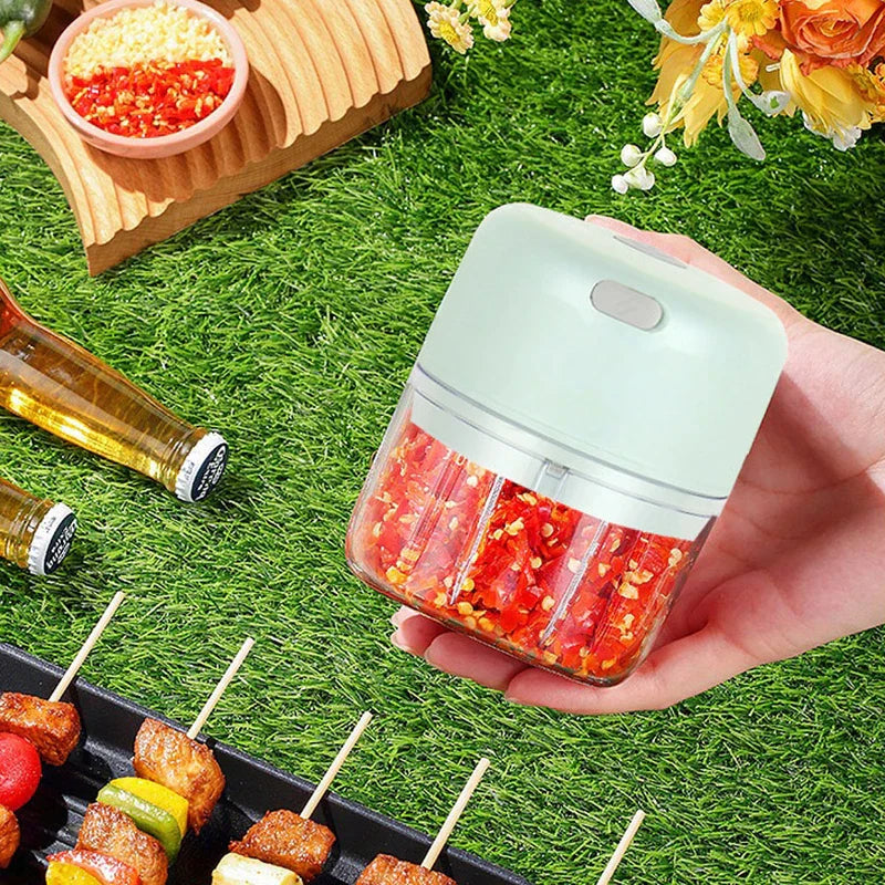 Hand holds light green mini electric chopper filled with chopped red chili peppers, placed on a grass surface near grilled skewers and condiments