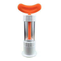 Garlic Press - Assembled kitchen garlic prep tool with orange T-handle, clear central chamber, and white plastic base