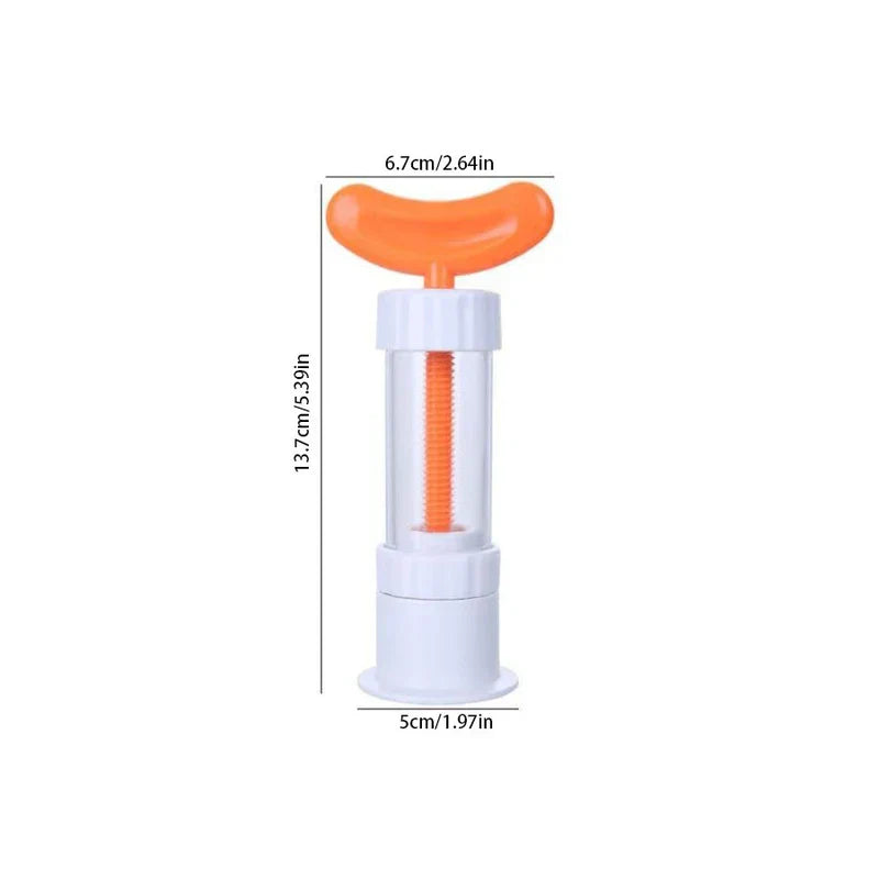 Kitchen garlic press with orange T-handle, clear body, white end caps; dimension lines mark its height and diameters.