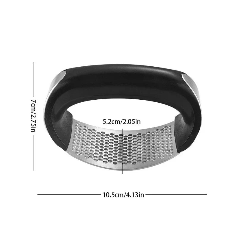 Garlic Mincer Tool - Curved kitchen gadget with measurement dimensions marked in both centimeters and inches