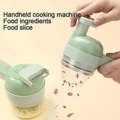 Electric Vegetable Chopper - Two handheld prep tools demonstrating use: one unit chops garlic in its clear bowl, the other dispenses sliced chili pieces while held by two hands