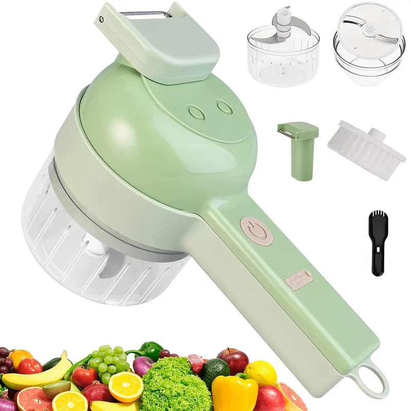 Electric Vegetable Chopper - Handheld light green kitchen prep tool with included interchangeable processing bowls, peeler attachment, and cleaning brushes, arranged above an assortment of fresh produce