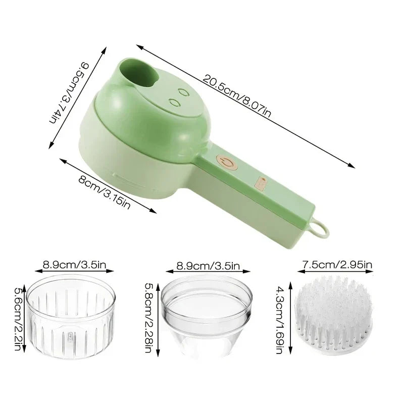 Electric Vegetable Chopper - Diagram showing dimensional measurements for the handheld prep unit and its included clear bowls and cleaning brush accessory