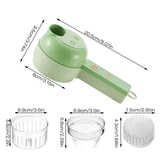 Electric Vegetable Chopper - Diagram showing dimensional measurements for the handheld prep unit and its included clear bowls and cleaning brush accessory
