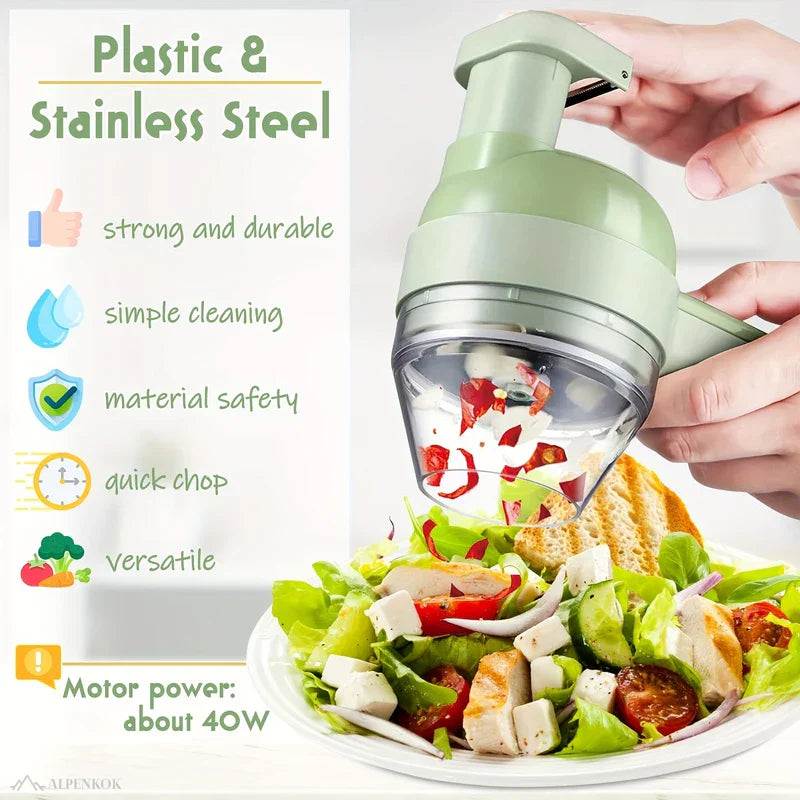 Electric Vegetable Chopper - Hand holding the same light green chopper tilted over a salad, dropping chopped red pepper; text notes material features and 40W motor power on the left.