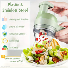Electric Vegetable Chopper - Hand holding the same light green chopper tilted over a salad, dropping chopped red pepper; text notes material features and 40W motor power on the left.