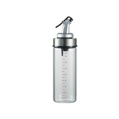 Glass Cruet - Clear cylindrical dispenser with stainless steel collar, lever pour spout, and printed volume measurement markings