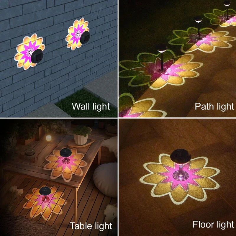 solarbetriebene wegbeleuchtung - Vierteilige Collage, die Leuchte bei Nacht mit Blumenmuster als Wand-, Weg-, Tisch- und Bodenleuchte zeigt