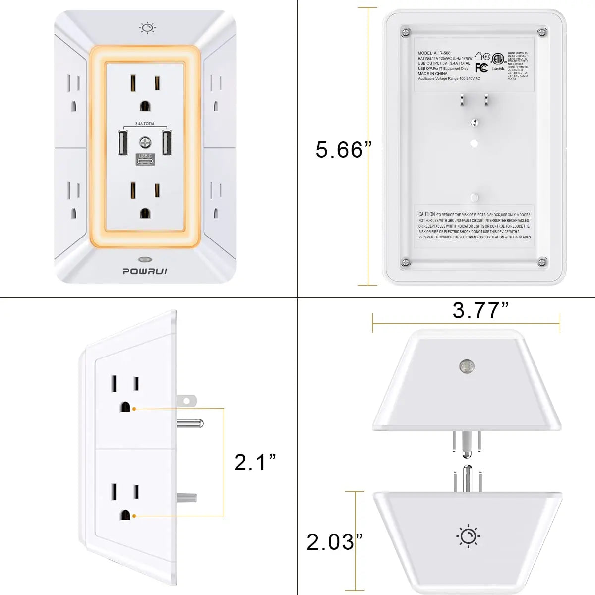 Multi-Function Wall Charger & Surge Protector: 6 Outlets with USB-C Port (3-Sided Design)