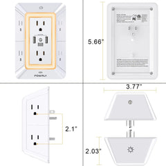 Multi-Function Wall Charger & Surge Protector: 6 Outlets with USB-C Port (3-Sided Design)