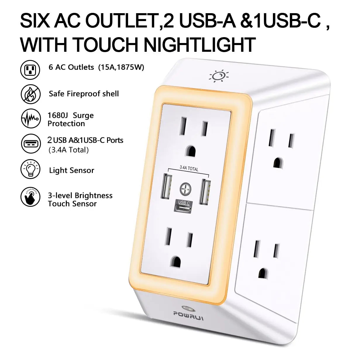 Multi-Function Wall Charger & Surge Protector: 6 Outlets with USB-C Port (3-Sided Design)