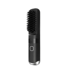 Hair Straightener Brush - Matte black corded styling tool with bristle head, single power button, and silver accent base