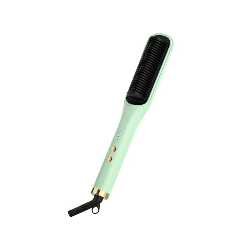 Curling Iron - Mint green styling tool with gold control buttons, black bristle head, and swivel power cord
