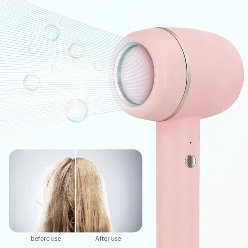 Ionic Hair Dryer - Hair dryer emitting focused airflow with split before-and-after hair smoothness comparison