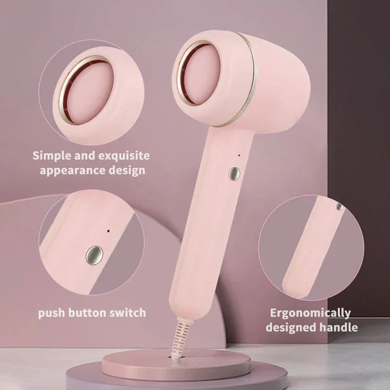 Ionic Hair Dryer - Pink hair dryer on pink stand, with three circular callouts highlighting its parts with text labels