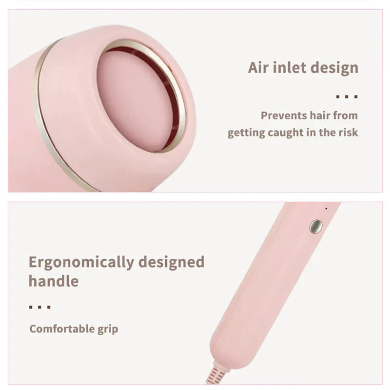 Ionic Hair Dryer - Two-panel close-up view of a pink hair styling tool, showing its air inlet end and ergonomic handle.