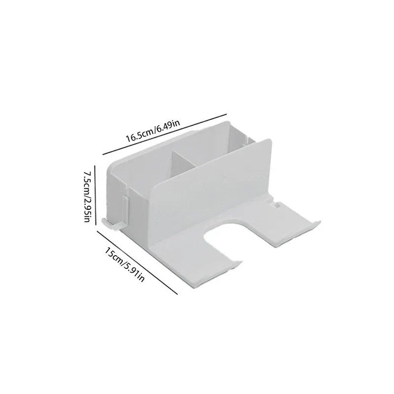 Hair Dryer Organizer - White wall-mounted organizer with dimension labels showing 16.5cm, 7.5cm, and 15cm measurements on a plain white background