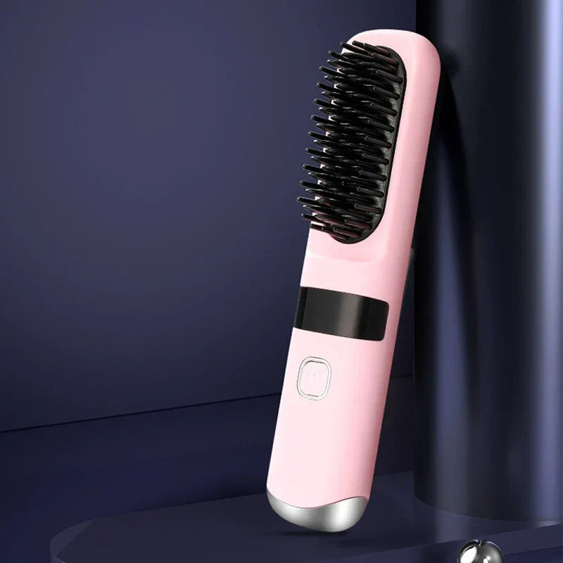 Hair Straightener Brush - Pink cordless heated hair straightening brush leaning against a dark cylindrical object
