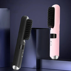 Hair Straightener Brush - Two styling tools in black and pink color options displayed on dark tiered stands