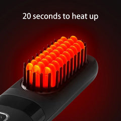 Hair Straightener Brush - Close-up of heated glowing bristle head with 20 second heat up text overlay