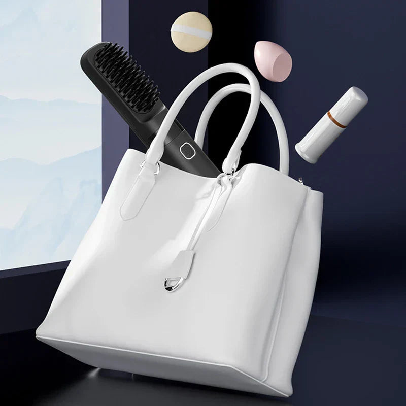 Hair Straightener Brush - Black heated hair straightening brush placed inside a white handbag alongside small beauty items