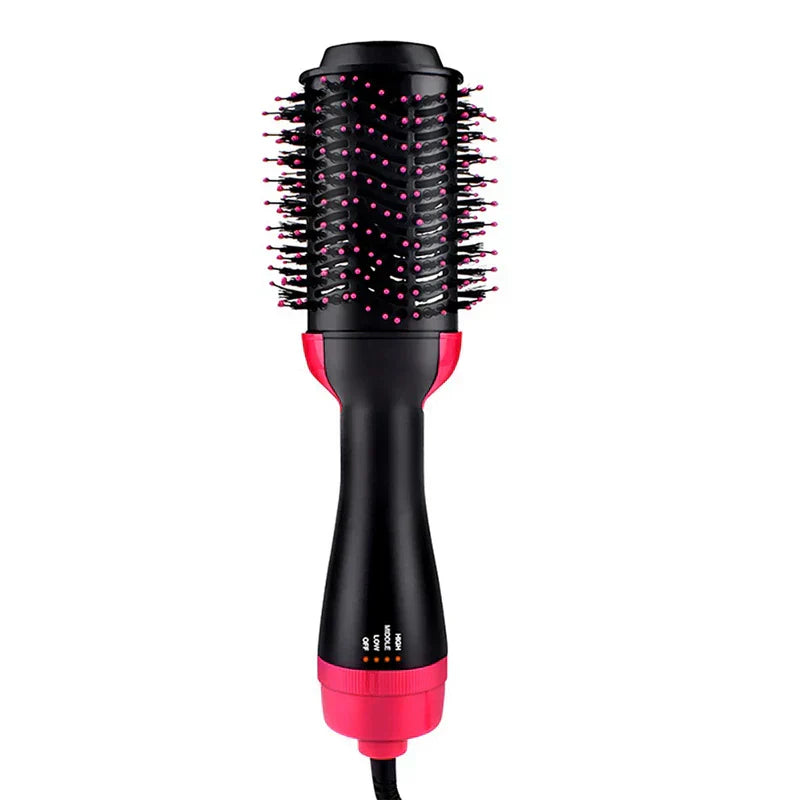 Hair Straightener Brush - Black and pink heated styling brush with bristle head and heat setting controls