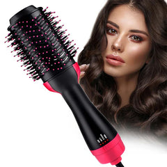 Hair Straightener Brush - Heated styling brush displayed next to person with wavy brown hair