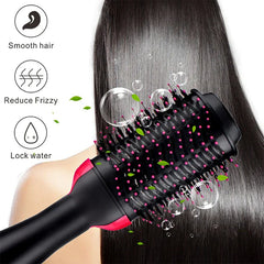 Hair Straightener Brush - Heated styling brush being used on straight dark hair, with benefit callouts for smooth hair, frizz reduction, and moisture retention