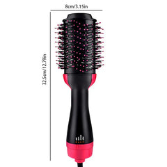 Hair Straightener Brush - Hot air styler brush with dimension markings showing 8cm width and 32.5cm total length, black body with pink accents