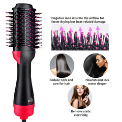 Hair Straightener Brush - Black and red hot air blow dryer brush with black bristles tipped pink, with inset feature diagrams and example hair results displayed beside it