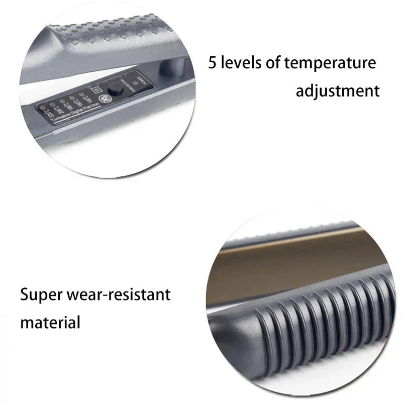 Hair Straightener - Two circular close-up views of a hair styling tool, showing temperature controls and edge material