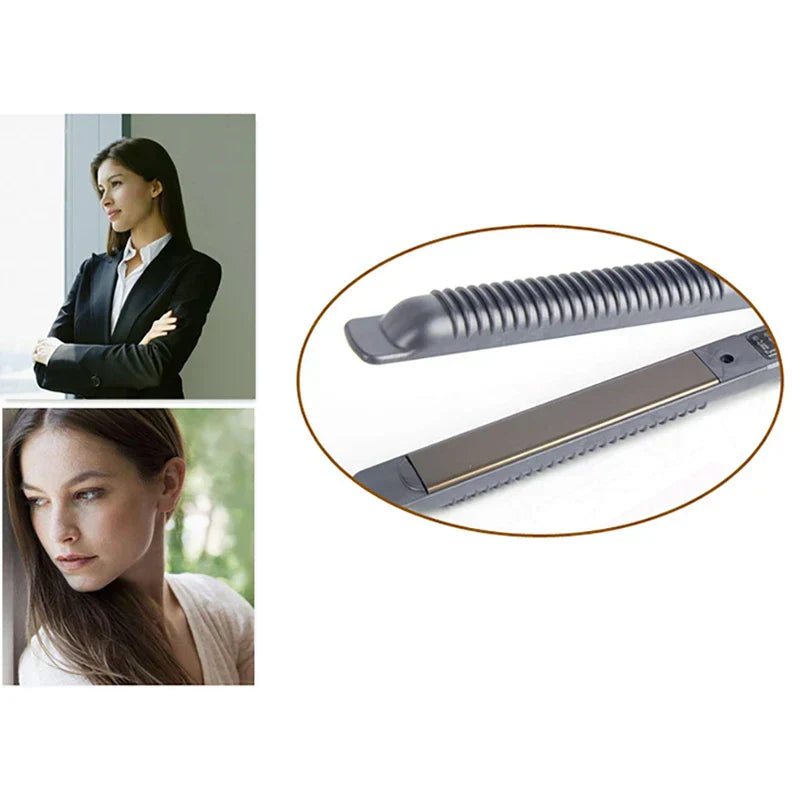 Hair Straightener - Two small photos of women beside an oval inset showing close-up views of a flat iron heating plate and ribbed component