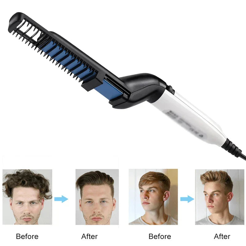 Hair Styling Comb - Styling tool displayed above two before-and-after men's hairstyle comparison sets showing unruly hair transformed to neat styled looks