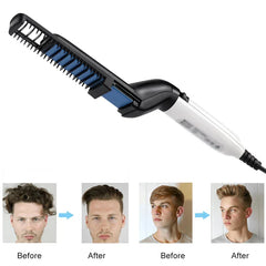 Hair Styling Comb - Styling tool displayed above two before-and-after men's hairstyle comparison sets showing unruly hair transformed to neat styled looks