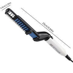 Hair Styling Comb - Angled men's electric heated hair comb with black head, white handle, marked dimensions 25cm total length and 4.8cm head width.