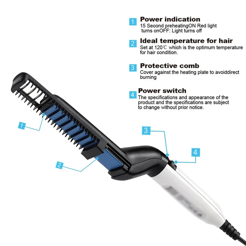 Labeled diagram of an electric hair styling comb, showing numbered points for its power indicator, heating plate, protective comb, and power switch.