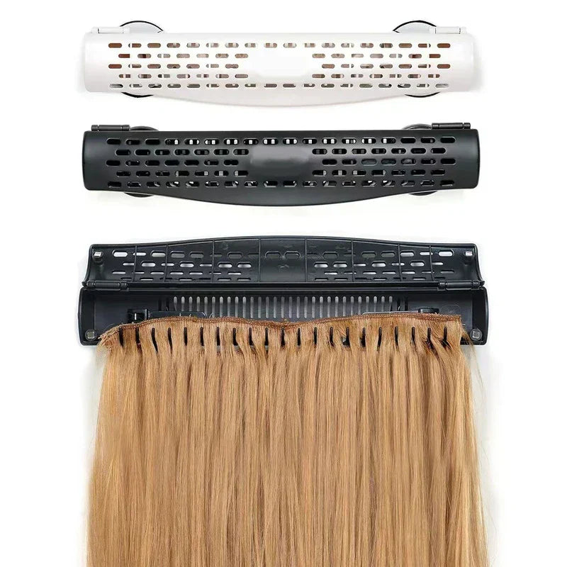 Clips - Two closed styling holders (one white, one black) displayed above an open black holder securing a straight blonde hair weft