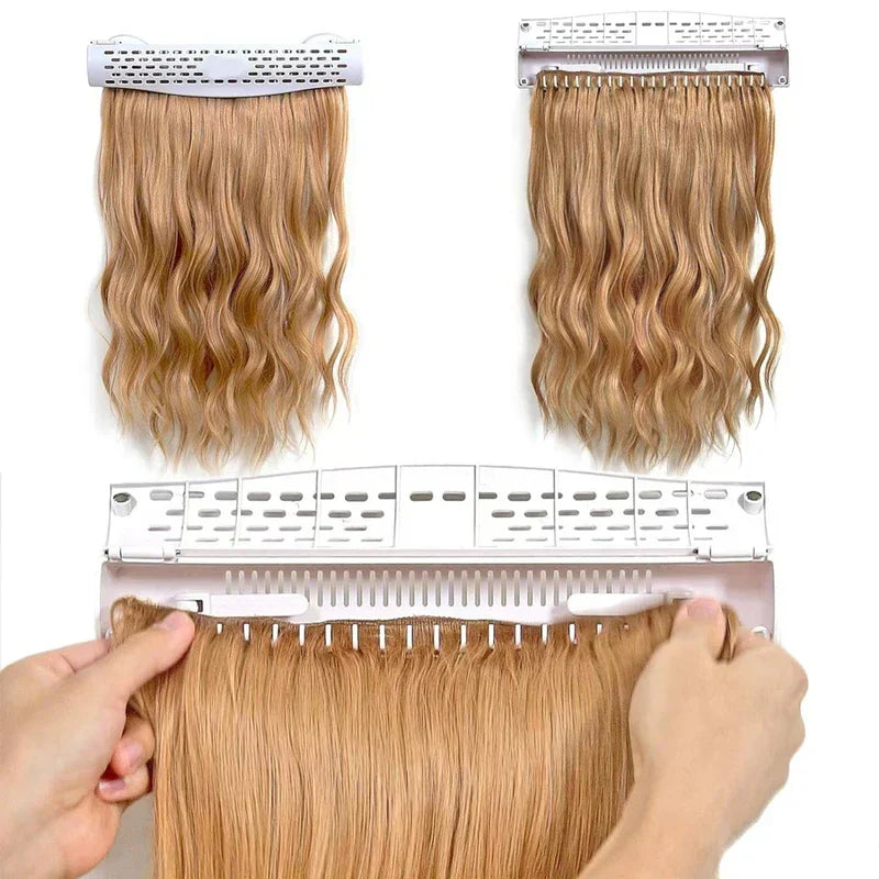 Clips - Two closed holders holding wavy blonde hair wefts, shown above an open white holder with hands positioning a straight blonde hair weft inside