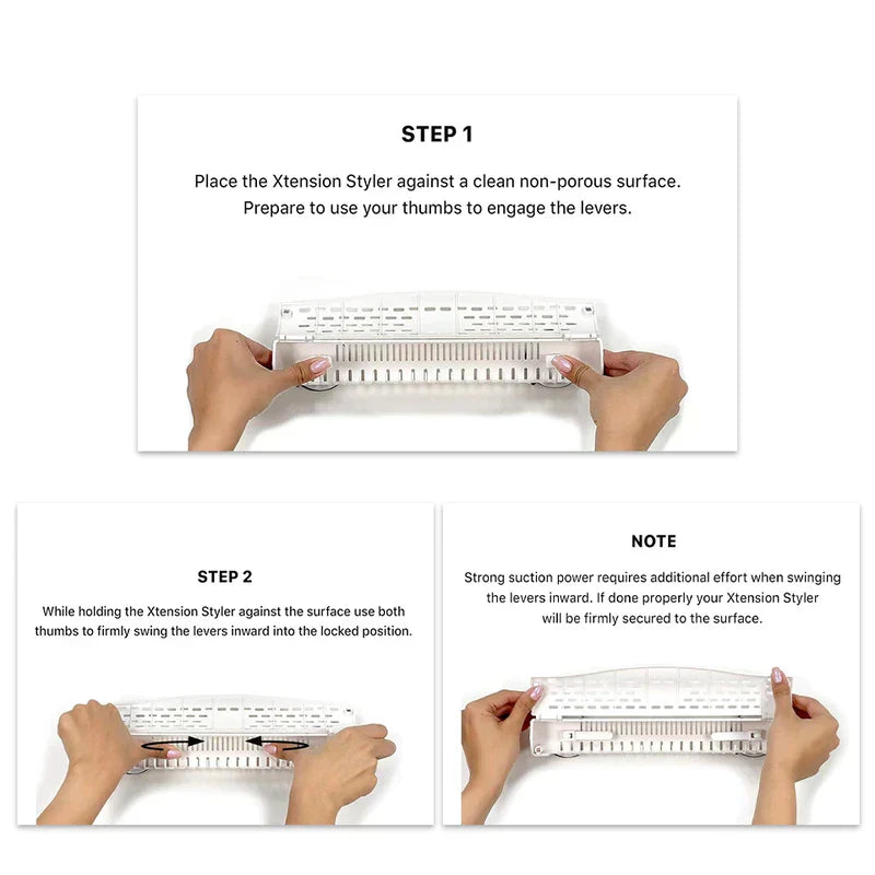 Clips - Two-step installation guide showing hands mounting the holder onto a surface using its side locking levers.
