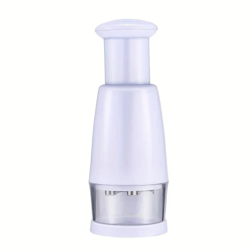 Food Chopper Mixer - White hand press chopping unit with clear lower chopping chamber and stainless steel blades