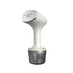 Portable handheld garment steamer held in hand showing compact size