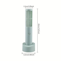 Mini Fan - Light mint handheld tower fan on its circular stand, with height and width dimension labels