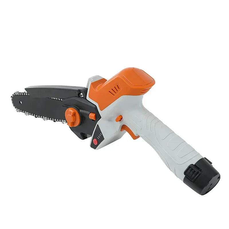 Handheld cordless mini chainsaw in use on a small branch