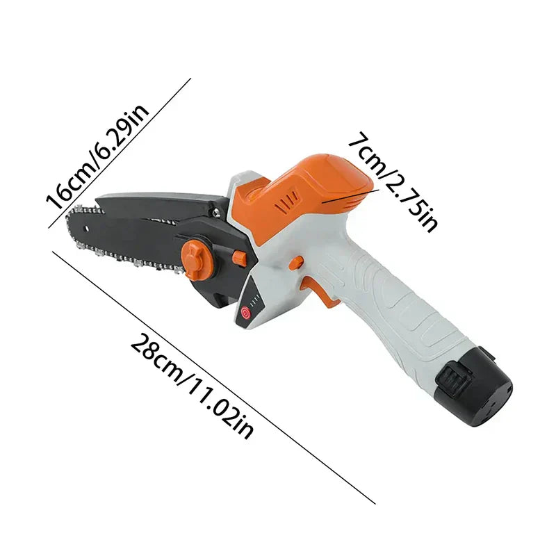 Mini Chainsaw - Small cordless chainsaw with printed dimension lines marking its length and width