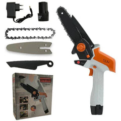 Mini Chainsaw - Small cordless chainsaw displayed with its included accessories, replacement chain, and product box