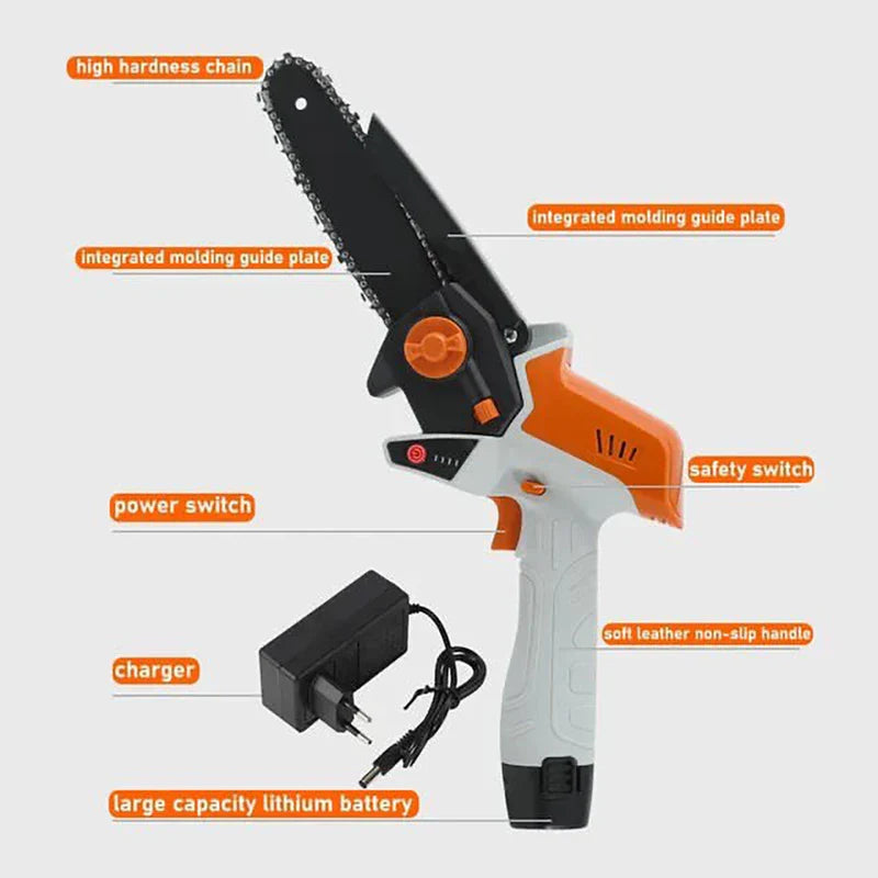 Diagram of a cordless mini chainsaw with labeled parts including chain, guide plate, switches, handle, charger, and battery